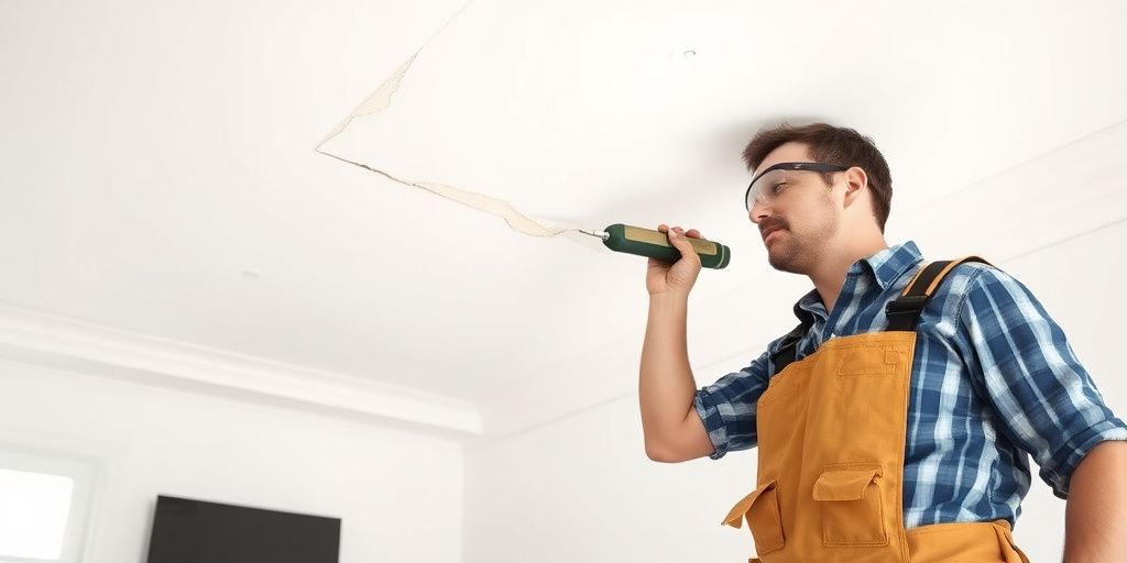 Làm sạch trần nhà bằng dụng cụ phun chống bụi và mối mọt.