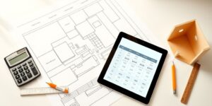 Làm việc với bản vẽ kỹ thuật và bảng tính dự án xây dựng nội thất thạch.