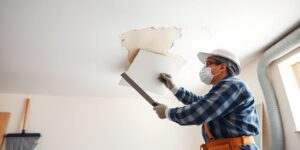 Làm việc sửa chữa trần thạch cao chuyên nghiệp tại công trình.