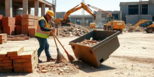 Làm việc xây dựng với công nhân và máy móc tại công trình xây dựng.