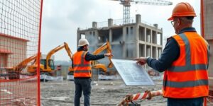 Công nhân xây dựng đang kiểm tra bản vẽ tại công trình xây dựng mới.