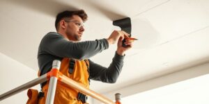 Làm việc sửa chữa trần thạch cao chuyên nghiệp tại công trình.