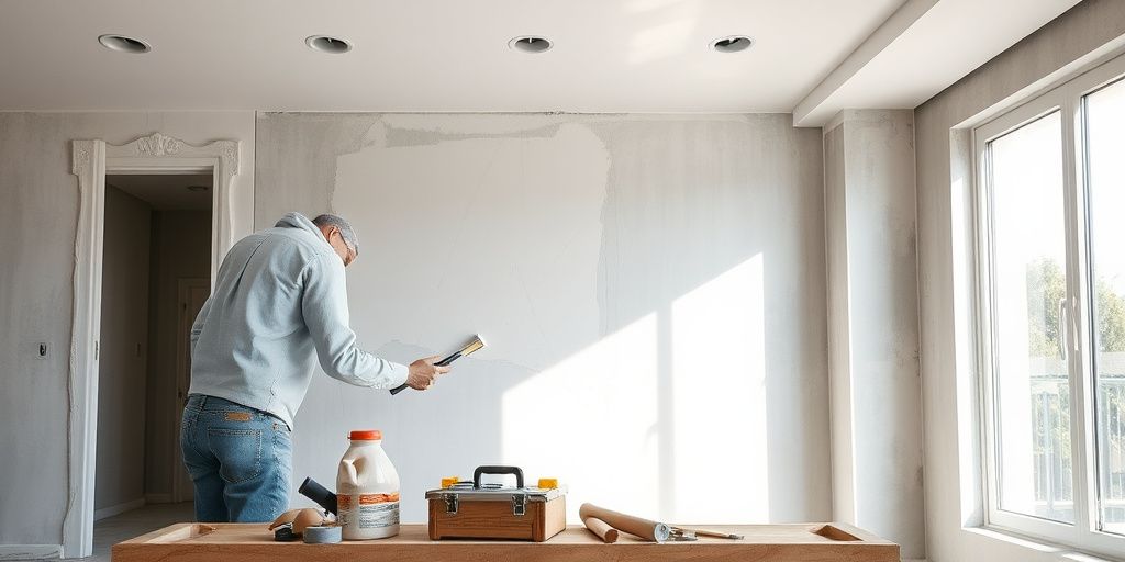 Làm việc thi công trần thạch cao trong phòng khách hiện đại.